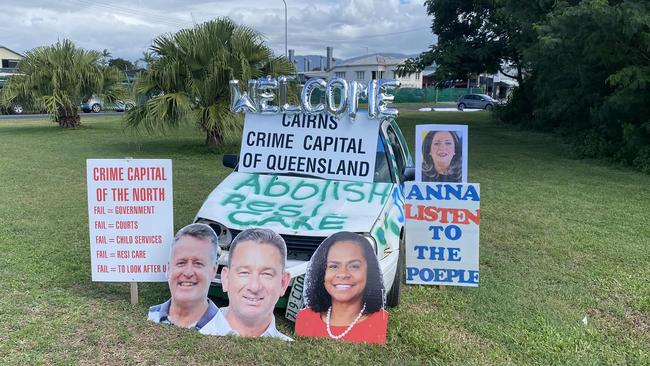 An anti crime protest set up near the Cairns Airport greeted Queensland ministers on Sunday. Picture: Supplied