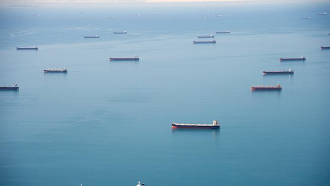 HOLD FOR COURIER MAIL -  Mackay, 18 Aug 2018. Coal ships queued up at Hay Point and Dalrymple Bay Coal loading facilities.Coal ships moored offshore.Photo : Daryl Wright