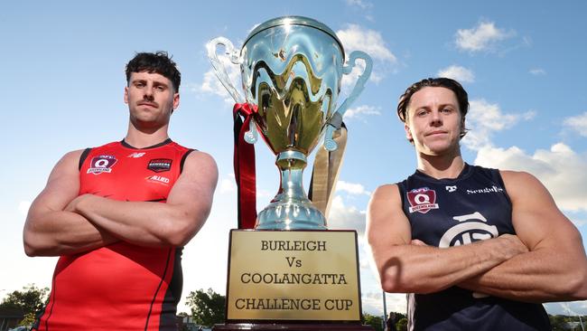 Burleigh Bombers captain Paddy Turner and Coolangatta Blues captain Ned Lanyon ready to play off for the Paul Fowles Cup at Burleigh Bombers Football Club. Picture Glenn Hampson