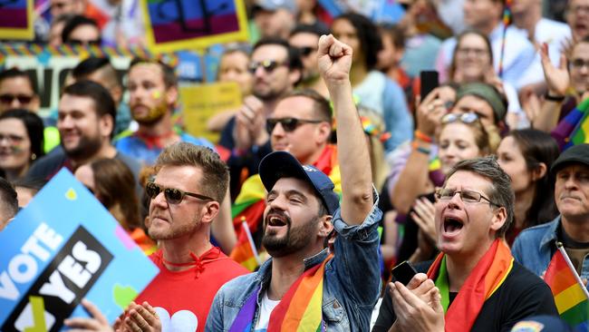 Protesters gather for a rally in support for marriage equality in Sydney on Sunday, September 10. Picture: AAP