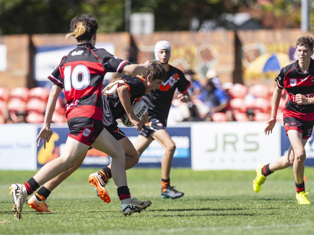 Harrison Parsons on the way to try for Southern Suburbs against Valleys in U13/14 boys Toowoomba Junior Rugby League grand final at Toowoomba Sports Ground, Saturday, September 7, 2024. Picture: Kevin Farmer