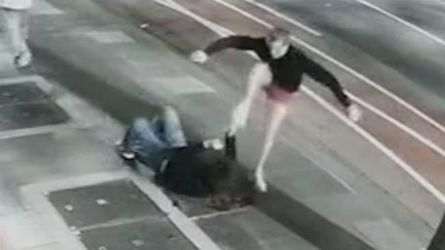 CCTV captured the moment Jay Stephens stomped on Mr Kim’s head as he lay bleeding on the street. Picture: Supplied