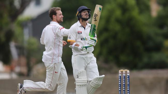 Luke Robins celebrates after dismissing West Torrens’ Bailey Capel. Picture: Dean Martin