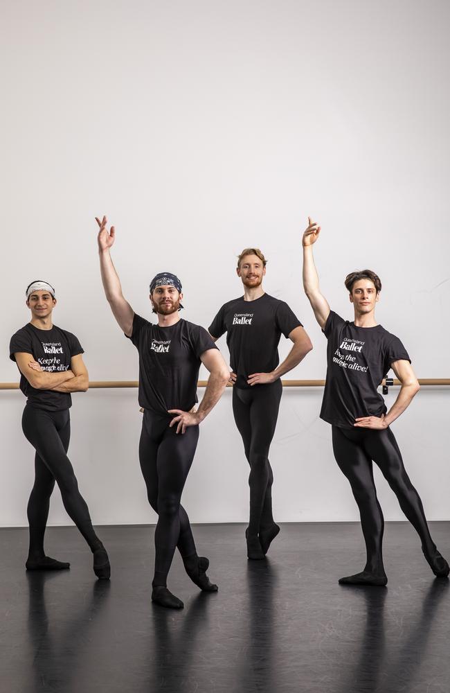 Queensland Ballet dancers Mali Comlekci, Alex Idaszak, Ari Thompson and Vito Bernasconi. Picture: Mark Cranitch