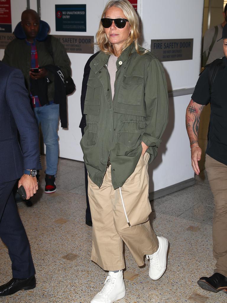 Paltrow looked effortlessly stylish after the long-haul flight. Picture: MATRIX MEDIA GROUP