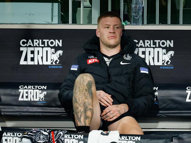 Jordan De Goey after injuring his hamstring on Saturday night. Picture: Dylan Burns/AFL Photos via Getty Images.