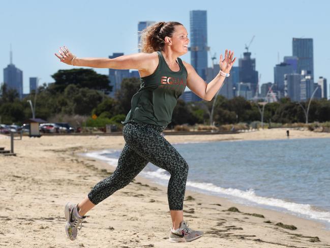 Former olympics synchronised swimmer Tarren Otte is holding a boot camp fundraiser on the beach ahead of the 'virtual' Run for the Kids. It is in support of the Royal Children's Hospital Good Friday Appeal. Wednesday, March 10, 2021. Picture: David Crosling