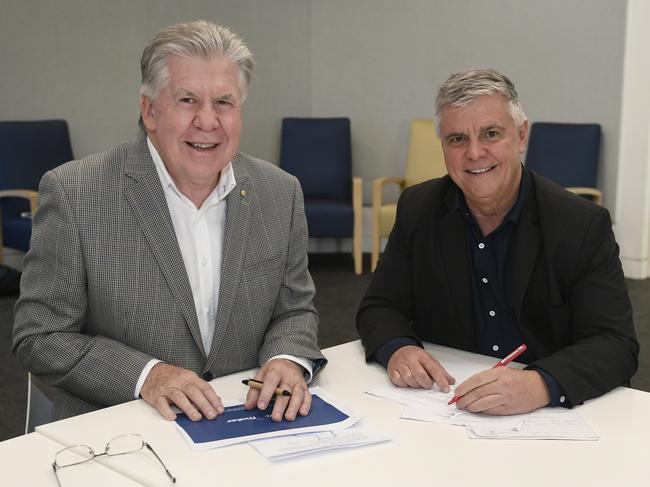 Townsville Hospital and Health Board Chair Tony Mooney and Mater Board Chair Patrick Brady,