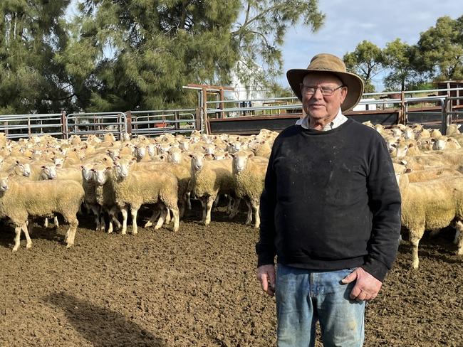 Robert Sheridan of Woodstock at Junee in southern NSW with some of his prime lambs. Picture: Nikki Reynolds