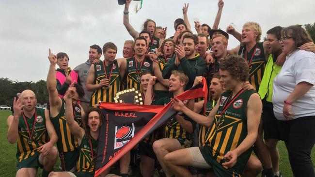 Mt Burr players celebrate their MSEFL 2016 flag. Picture: Frank Monger Photography