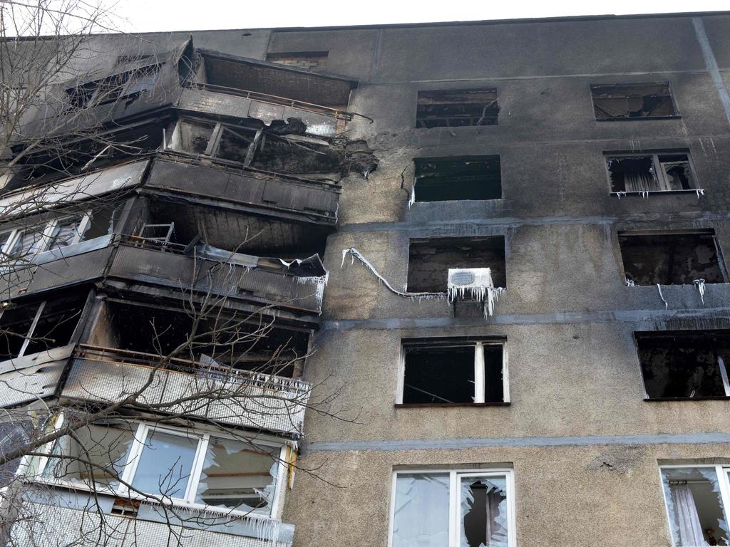 The burnt out remains of a building destroyed by Russian army shelling in the second largest Ukrainian city of Kharkiv. Picture: AFP.