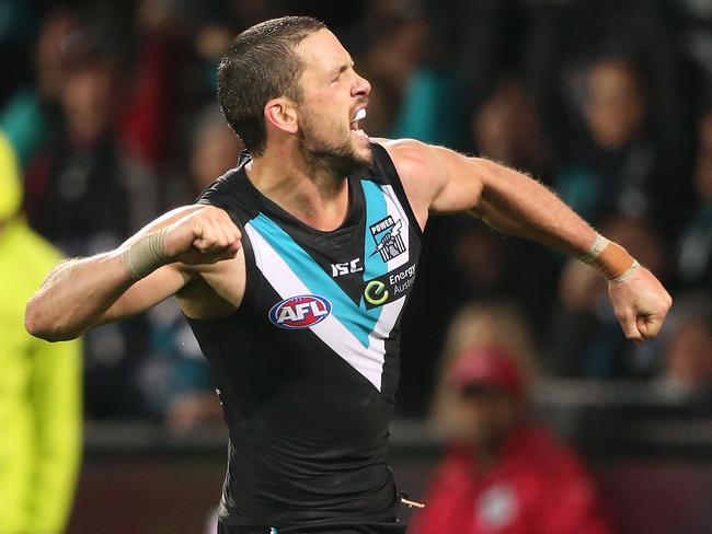 Travis Boak reacts after kicking one of his two goals.