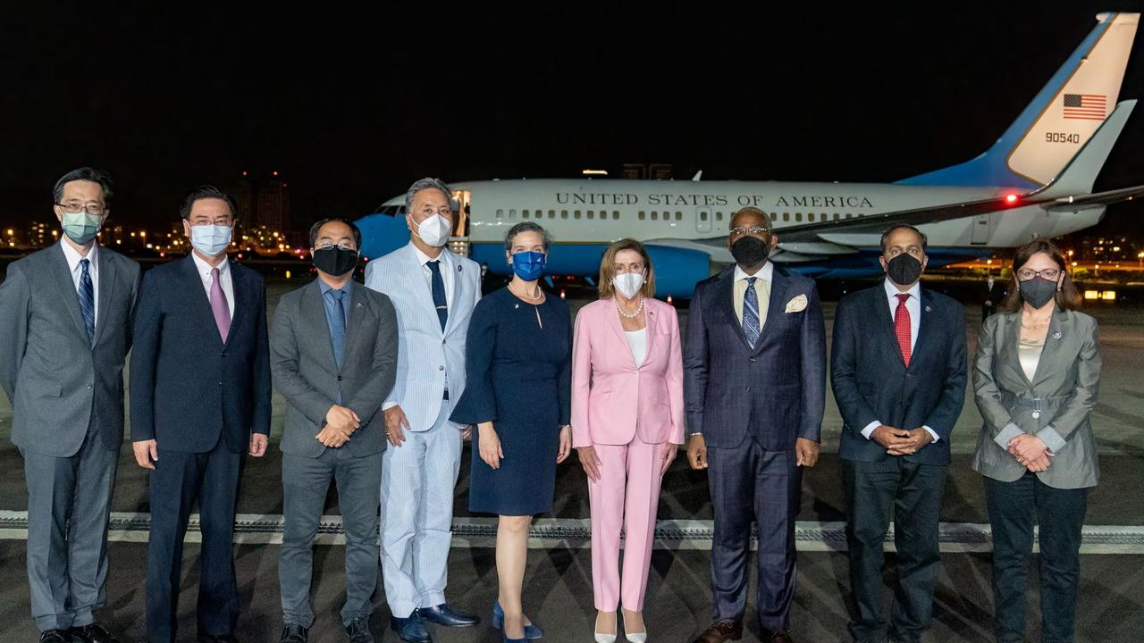 Nancy Pelosi’s entourage upon arrival in Taipei on Tuesday night. Picture: Taiwan's Ministry of Foreign Affairs (MOFA) / AFP