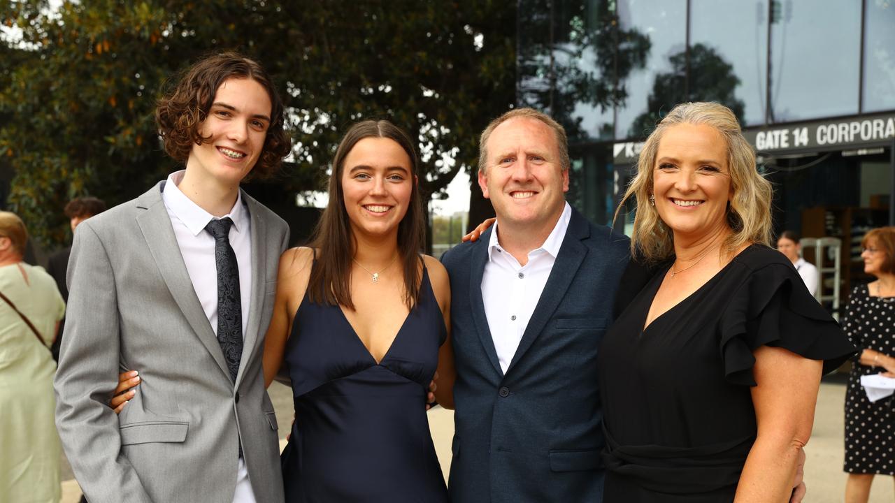 Graduate Patrick Macpherson, girlfriend Brianna Bolger and parents Scott and Kate at the Belmont High School year 12 graduation at GMHBA Stadium. Picture: Alison Wynd