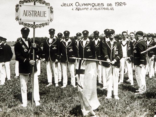 Athletes from the Australian team prepare to take part in the Parade of Nations during the opening ceremony of the 1924 Summer Olympics in Paris, France. Picture: Popperfoto/Getty Images