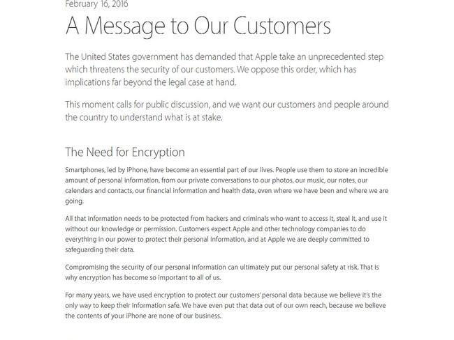 Statement ... Apple CEO Tim Cook explained the company’s decision to resist the court ruling in a fierce note. Picture: Apple