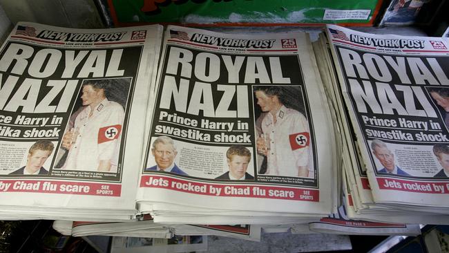 The New York Post published the story about Prince Harry, who had reportedly attended a fancy dress party wearing a khaki uniform with an armband emblazoned with a swastika, the emblem of the German WWII Nazi Party. Picture: Stephen Chernin/Getty Images