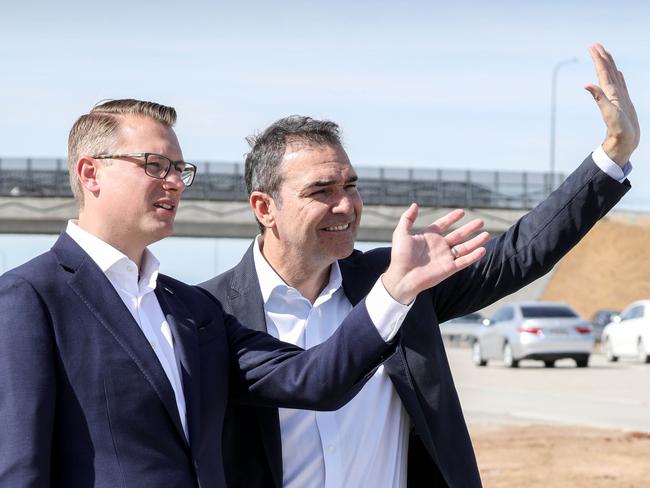 Northern Connector opening, Transport Minister Stephan Knoll and Premier Steven Marshall waves to the oncoming traffic using the Northern ConnectorÕs nearly opened section nearWaterloo Corner.Image/ Russell Millard