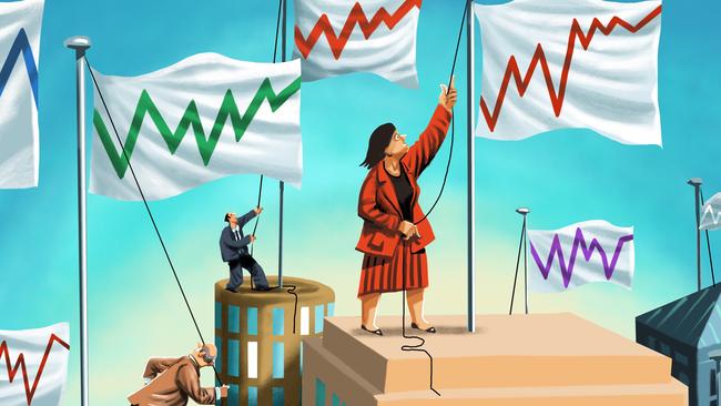 Corporations have been flying their flags for investors during reporting season. Illustration by John Tiedemann.