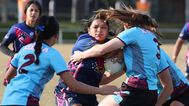 Mabel High’s Dreya Seumanutafa charges into Keebra Parks defence. Picture Glenn Hampson