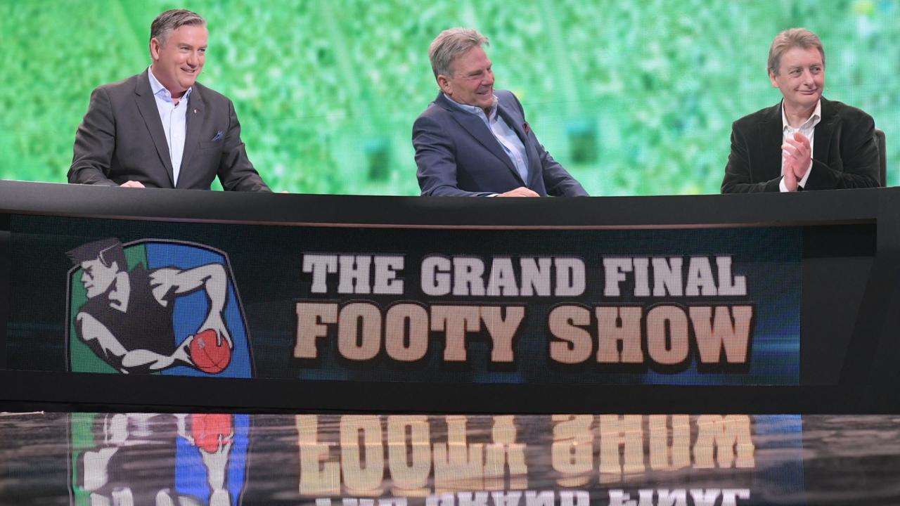 Eddie McGuire, Sam Newman and Trevor Marmalade at the 2019 Footy Show grand final special at Rod Laver Arena in 2019. Picture: Supplied/Channel 9