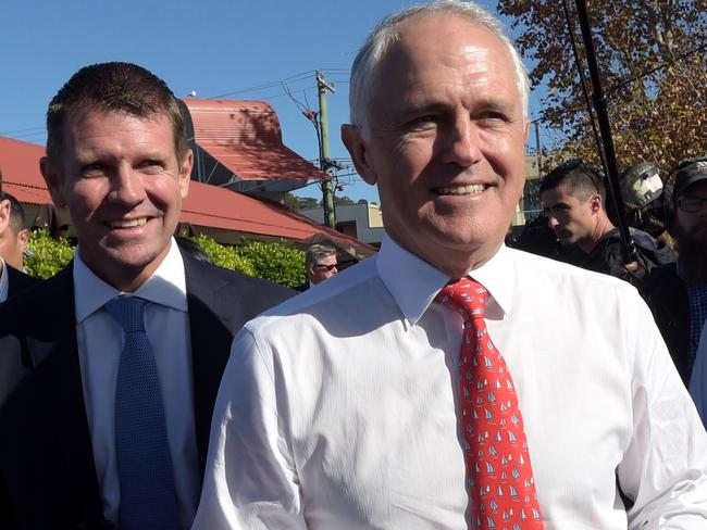 Premier Mike Baird and Prime Minister Malcolm Turnbull in Eden-Monaro yesterday / Picture: AAP