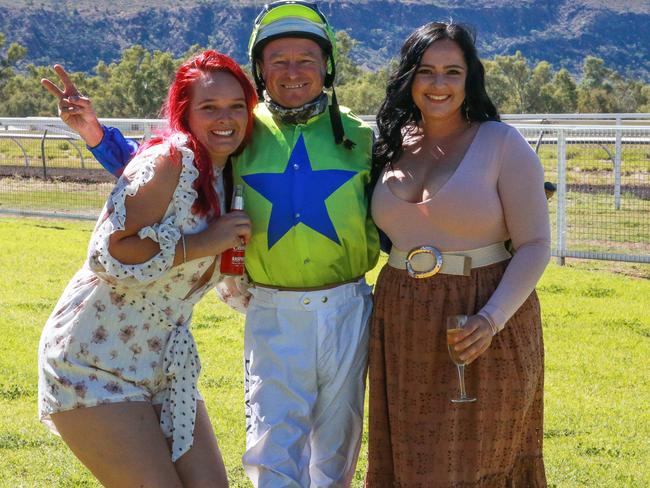 Alice Bird, jockey Wayne Davis and Lauren Yan at the Alice Springs Cup at Pioneer Park. Picture: Nikki Westover