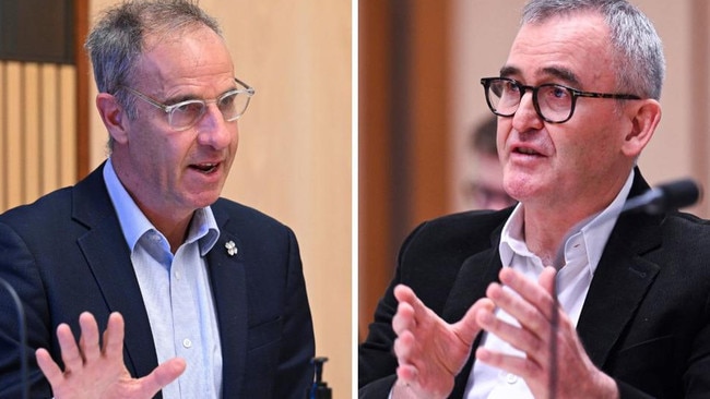 Greens Senator Nick McKim questions Woolworths CEO Brad Banducci at a Senate committee on supermarket prices at Parliament House this week. Picture: NCA NewsWire/Martin Ollman