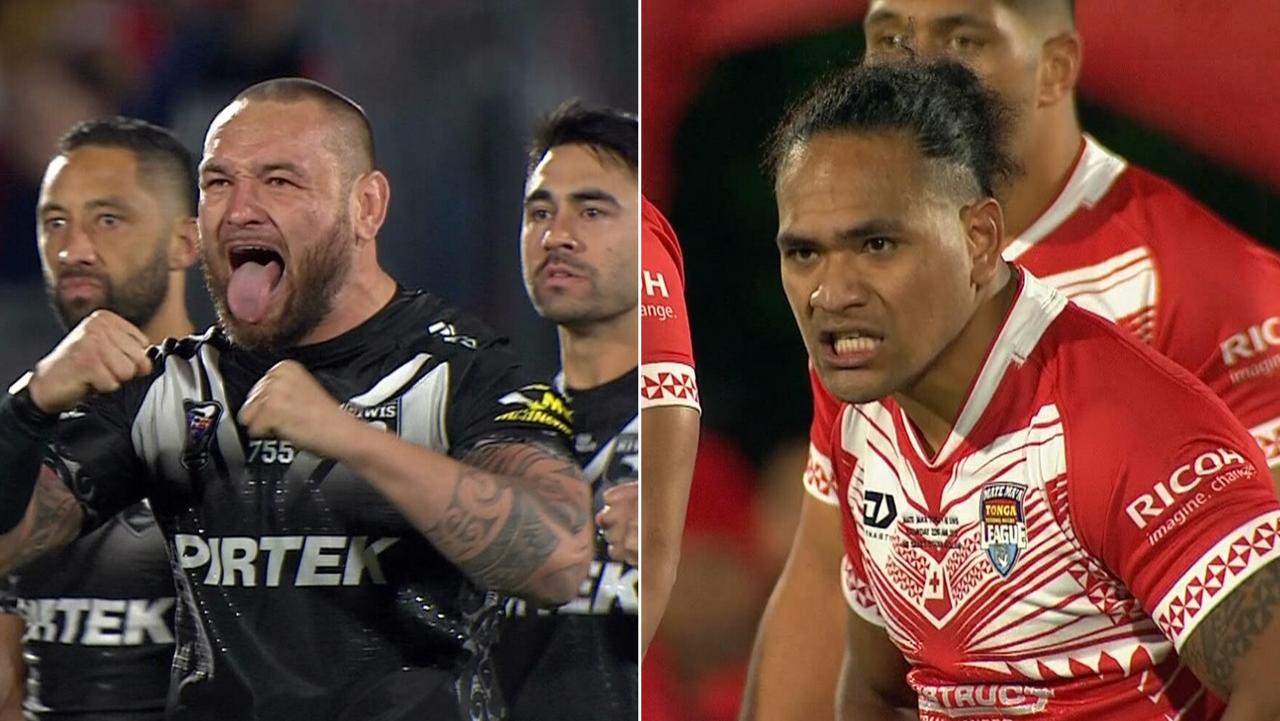 The Kiwis and Tonga face off with ferocious war cries.