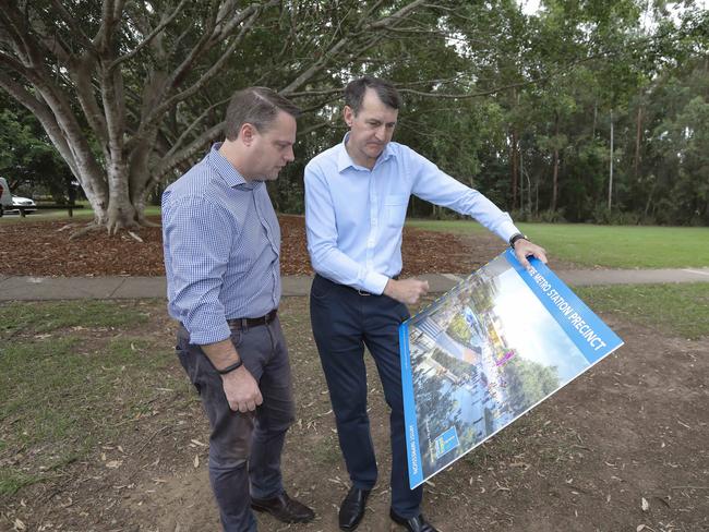 Lord Mayor Graham Quirk and Deputy Mayor Adrian Schrinner look at plans for the Brisbane Metro. Picture: Mark Cranitch