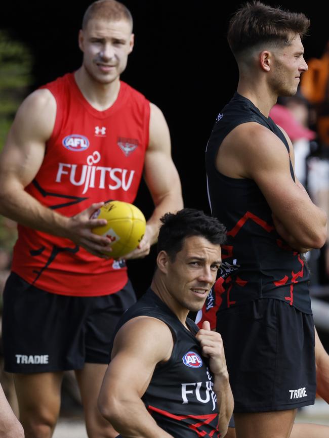 Ben McKay, Dylan Shiel and Archie Roberts at Tullamarine on Thursday. Picture: Michael Klein