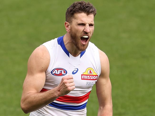 PERTH, AUSTRALIA - JUNE 27: Marcus Bontempelli of the Bulldogs celebrates a goal during the round 15 AFL match between the West Coast Eagles and the Western Bulldogs at Optus Stadium on June 27, 2021 in Perth, Australia. (Photo by Paul Kane/Getty Images)