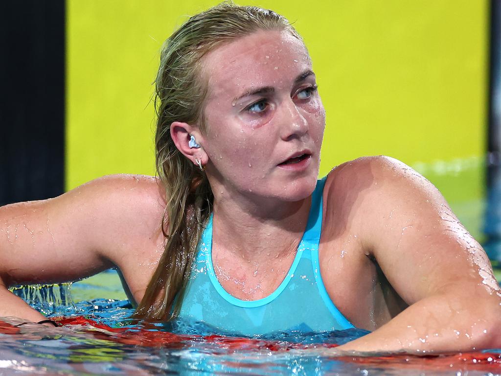 BRISBANE, AUSTRALIA - JUNE 13: Ariarne Titmus of Queensland reacts aft winning the Women’s 800m Freestyle Final during the 2024 Australian Swimming Trials at Brisbane Aquatic Centre on June 13, 2024 in Brisbane, Australia. (Photo by Quinn Rooney/Getty Images)