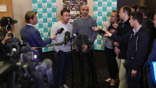 James Maloney and Tim Mannah speak on behalf of the players. Picture: Brett Costello