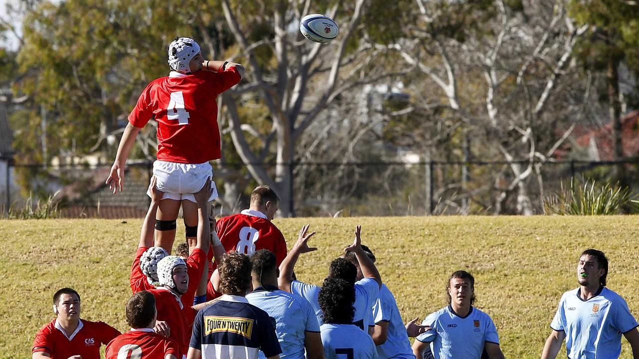 CAS1 (in red) v CHS 1 (in blue) U18 NSW Boys Rugby Schools Selection trials. Picture: John Appleyard