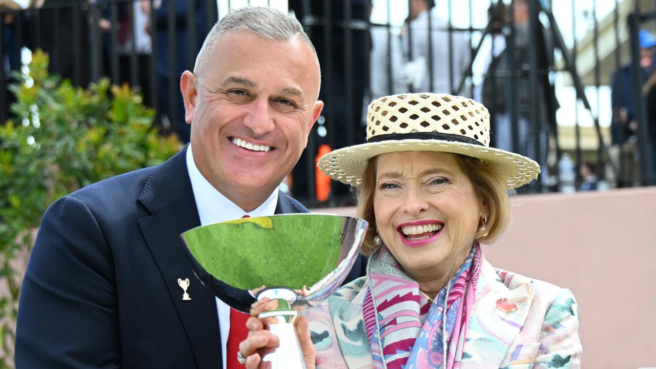 Trainer Gai Waterhouse poses with Melbourne Racing Club chairman John Kanga after Too Darn Lizzie the Thousand Guineas Prelude at Caulfield on Saturday. Picture: Vince Caligiuri / Getty Images