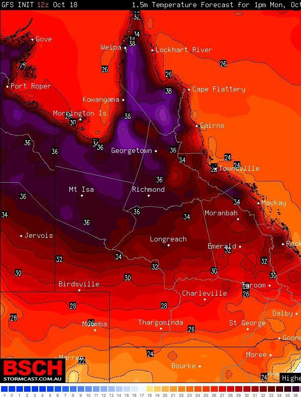 The deep red, orange and purple colours shows the predicted hot temps across the state at 1pm today. Courtesy of BSCH