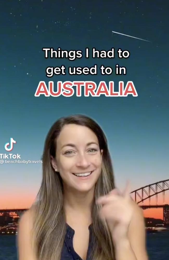 The US woman has over 34,000 followers on TikTok, where she shares the many differences between America and Australia. Picture: TikTok/@beachbabytravels