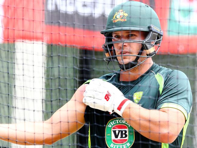CRICKET - Australian cricket team training at Adelaide Oval. Aaron Finch shows off his bruise after getting hit in the right shoulder. Photo Sarah Reed