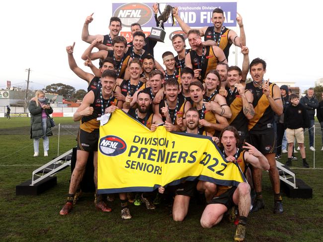 Heidelberg players celebrate their premiership win. Picture: Hamish Blair