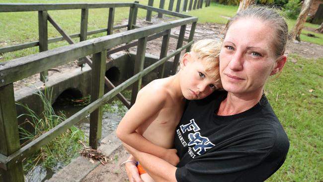 Vanessa Grimmett with four-year-old son Drazic, who was rescued from a stormwater drain by emergency services in Morayfield. Picture: Liam Kidston