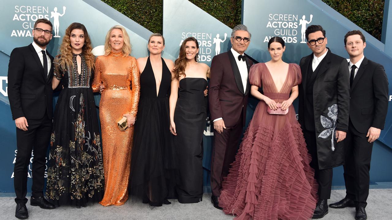 Dustin Milligan, Annie Murphy, Catherine O'Hara, Jennifer Robertson, Sarah Levy, Eugene Levy, Emily Hampshire, Dan Levy and Noah Reid at the SAG Awards. Picture: Gregg DeGuire/Getty Images for Turner