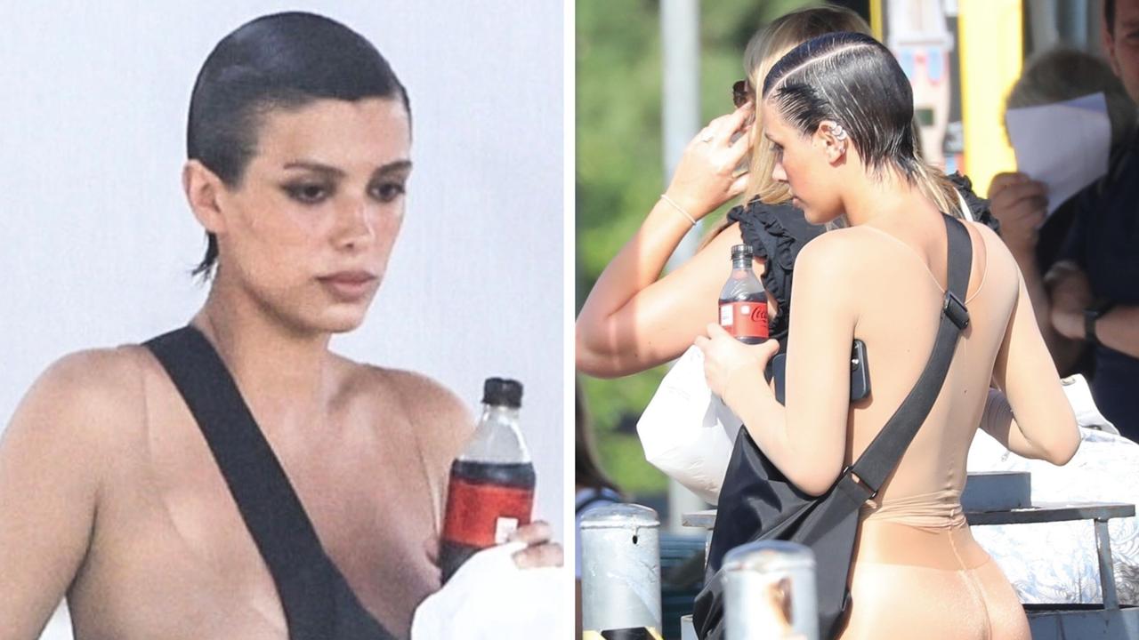 Bianca Censori stopped for a snack as she continued her holiday in Italy with Kanye West. Picture: Backgrid