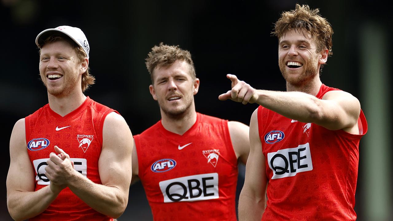 Dane Rampe (right) says former Sydney co-captain Luke Parker (centre) still has an important role to play on-field in 2024. Picture: Phil Hillyard