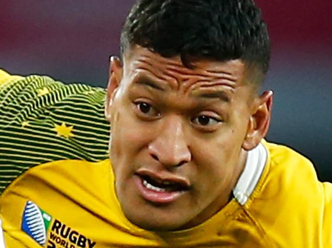 LONDON, ENGLAND - OCTOBER 10: Israel Folau of Australia evades a tackle by Dan Biggar of Wales during the 2015 Rugby World Cup Pool A match between Australia and Wales at Twickenham Stadium on October 10, 2015 in London, United Kingdom. (Photo by Mike Hewitt/Getty Images)
