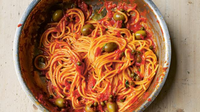 Spaghetti Puttanesca from the Wild Figs and Fennel recipe book by Letitia Clark, published by Hardie Grant Books. Photography by Charlotte Bland and Letitia Clark.