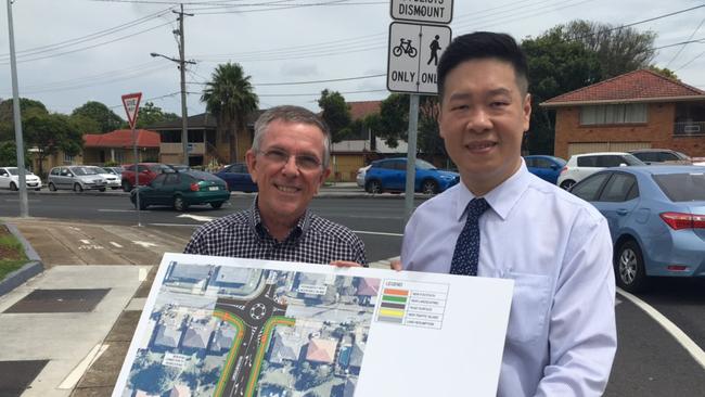 Ian walker and Steven Huang near the proposed Player St intersection with Kessels Rd.