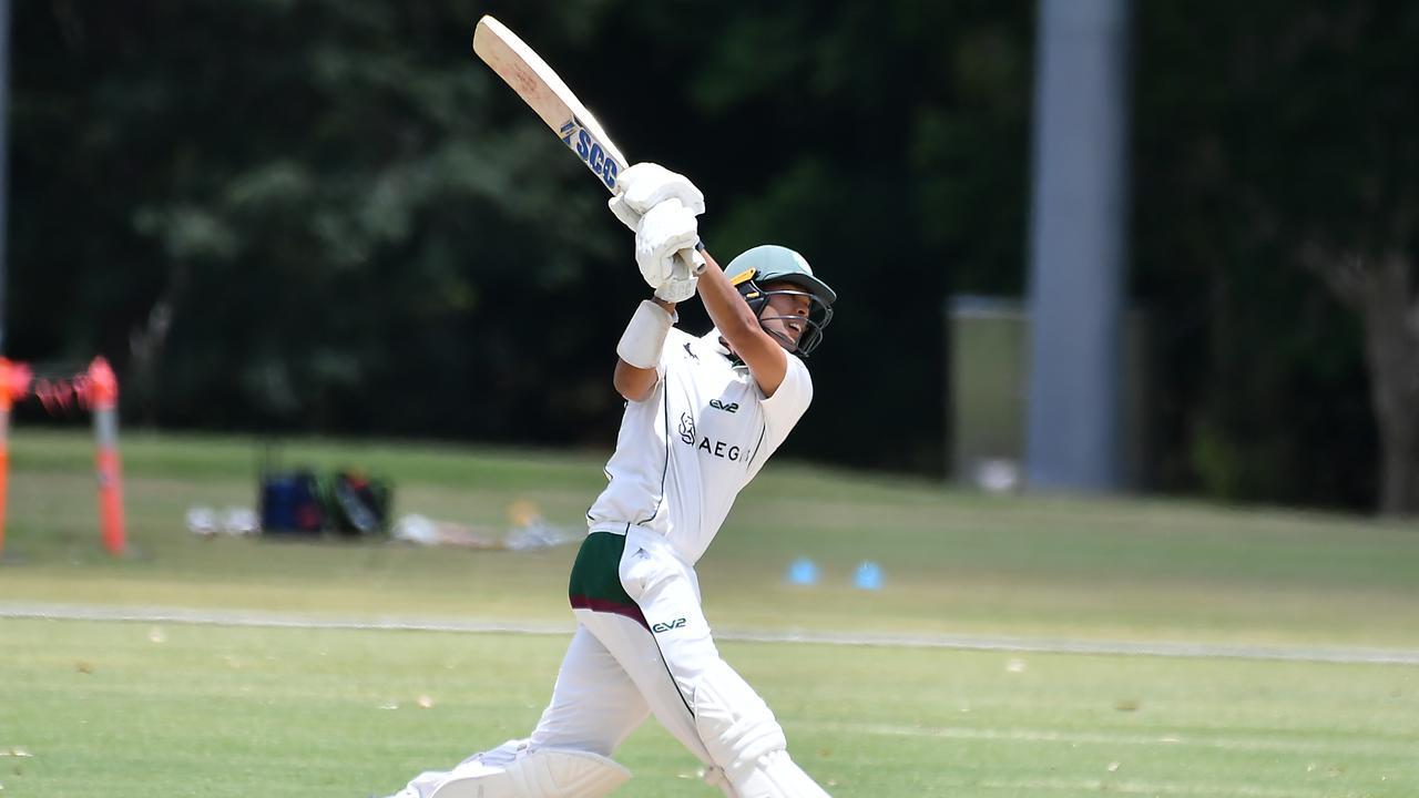 Brisbane Grammar School old boy Aryan Jain hits out for South Brisbane in Bulls Masters club cricket. Picture, John Gass