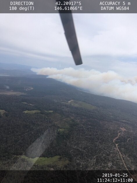 Aerial vision of the fire west of Lake Echo. SUPPLIED TASMANIA FIRE SERVICE