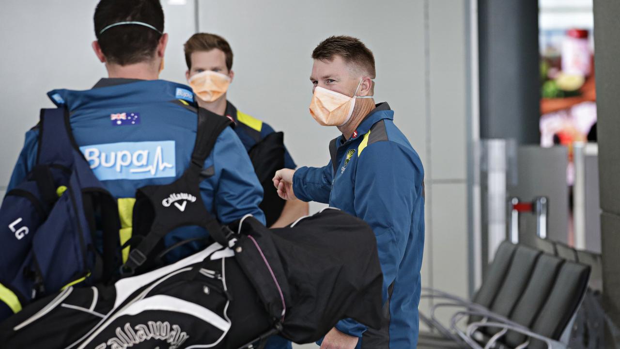 (LR) Steve Smith and David Warner at Qantas Departure Terminal on the 23rd of August. The Australian menâ&#128;&#153;s cricket team is the first international team to leave as they depart for the UK. PICTURE: Adam Yip